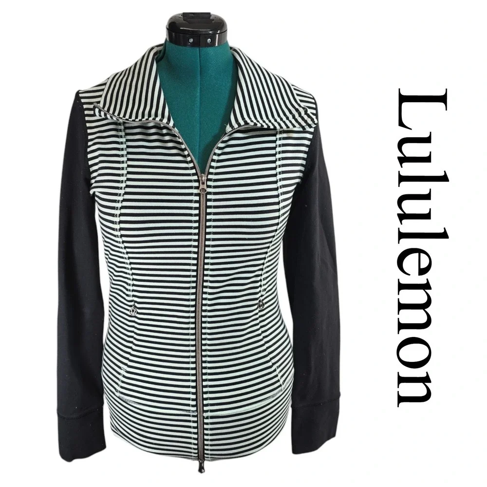 Lululemon Striped Full Zip Track Jacket Mint Green Black Womens‎ 8 Mock Neck